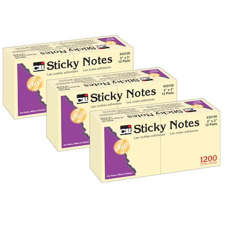 Charles Leonard Sticky Notes, 3" x 3", 100 Sheets/Pad, Yellow, PK36 33100